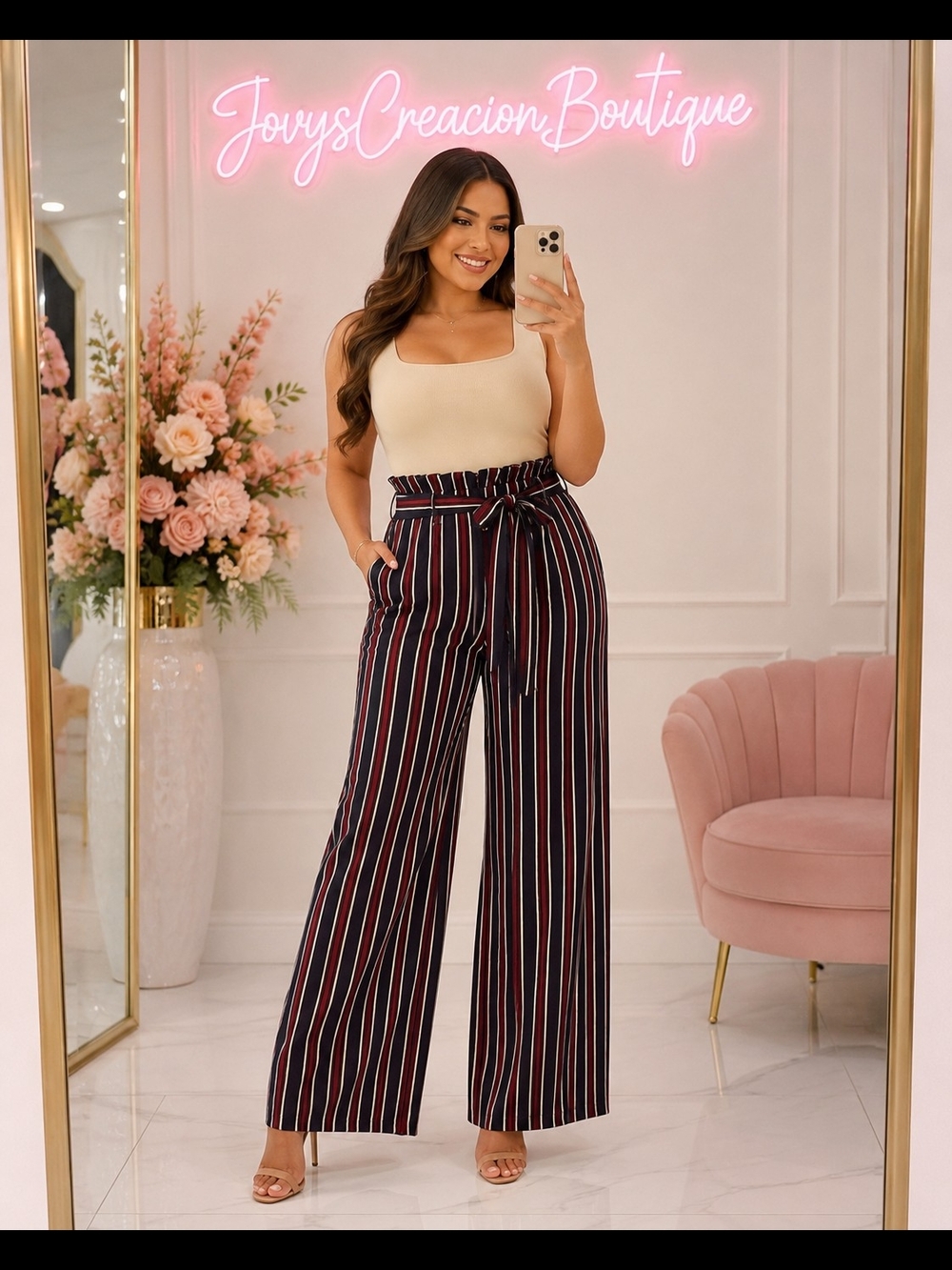 New Look Navy Wide-Leg Paperbag Tie Pants with Red & White Stripes